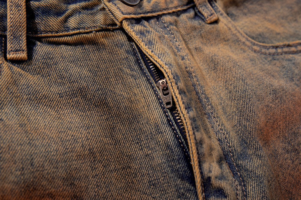 Mud Dye Washed Whisker Wide Leg Denim Jeans WN27904