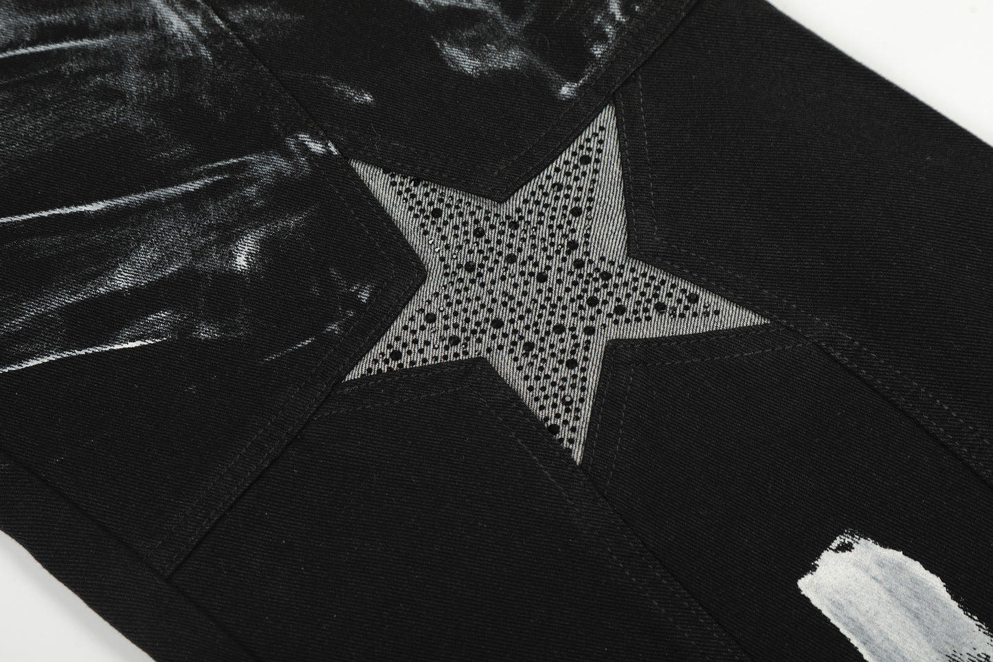 Curved Star Rhinestone Washed Wide Leg Denim Jeans WN25634
