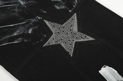 Curved Star Rhinestone Washed Wide Leg Denim Jeans WN25634