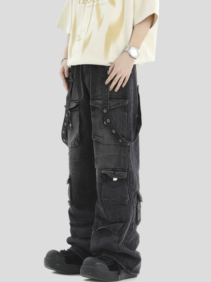 Multi Pocket Wide-Leg Straight Cargo Denim Jeans WN7216