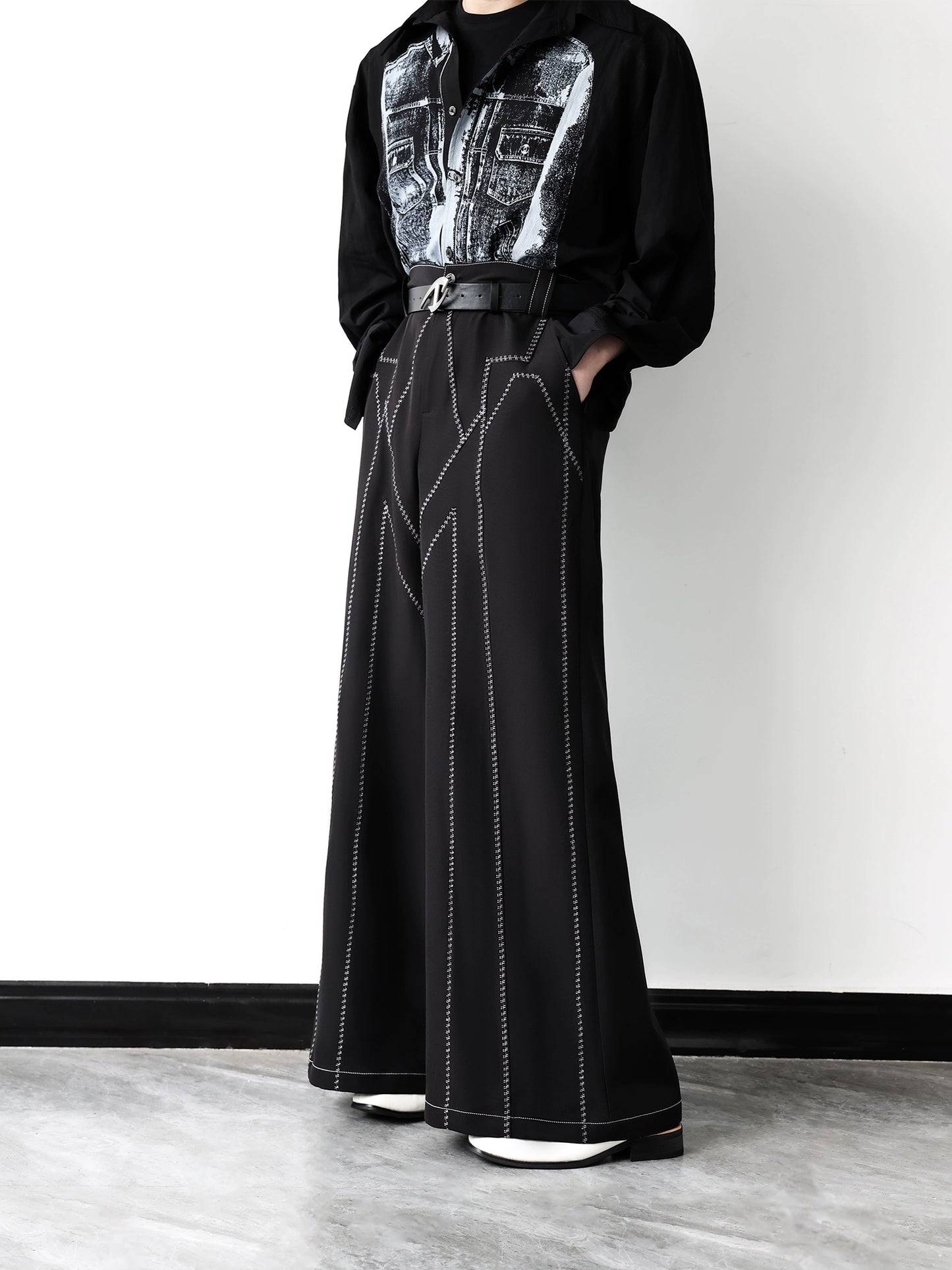 Stitching High-Waist Wide-Leg Trousers WN11880