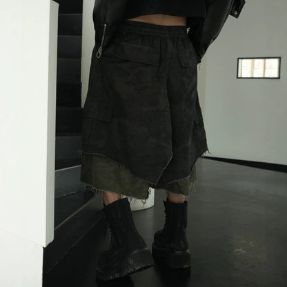 Camouflage Fake Layered Damage Frayed Wide Leg Cargo Half Pants WN28056