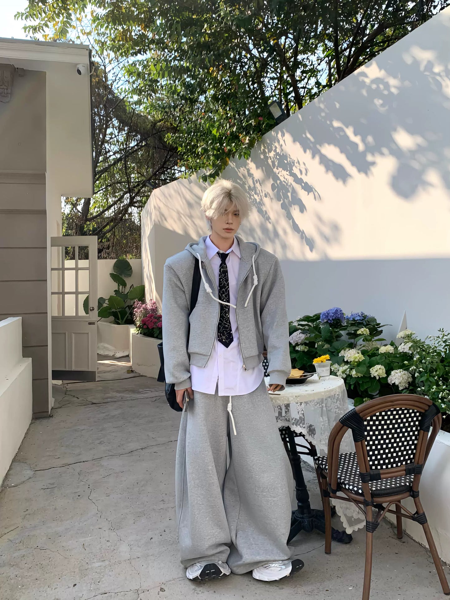 Drawstring Zipper Hoodie & Wide-leg Sweatpants Setup WN19870