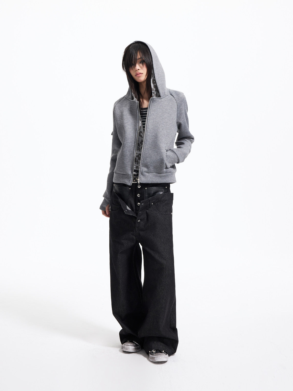 Fake Layered Double Placket Leopard Lining Zipper Hoodie WN27342