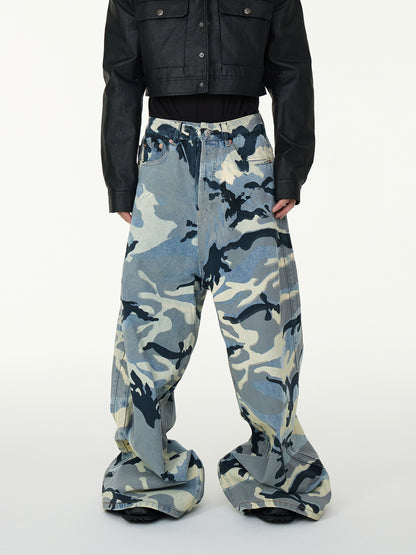 Camouflage Full Print Washed Wide Leg Baggy Dragging Denim Jeans WN16982