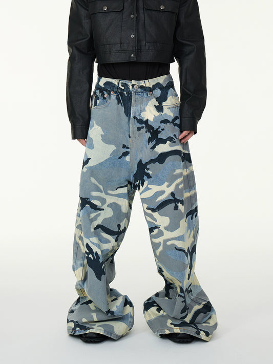 Camouflage Full Print Washed Wide Leg Baggy Dragging Denim Jeans WN16982