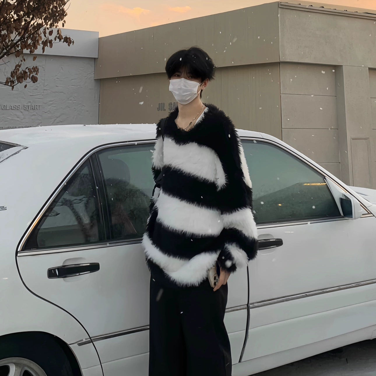 Stripe Fake Fur Pullover Knit Sweater WN19922