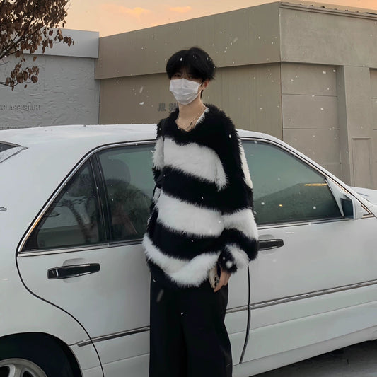 Stripe Fake Fur Pullover Knit Sweater WN19922