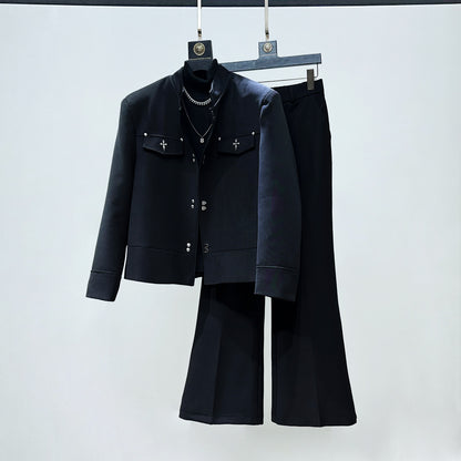 Standing-Collar Short Tailored Jacket & Flare Trousers Setup WN23878