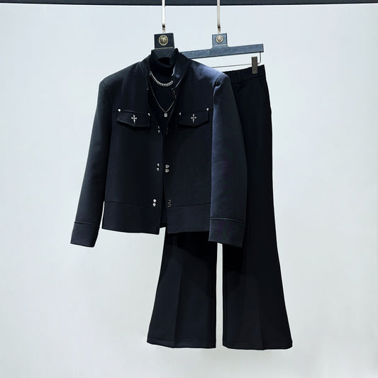 Standing-Collar Short Tailored Jacket & Flare Trousers Setup WN23878