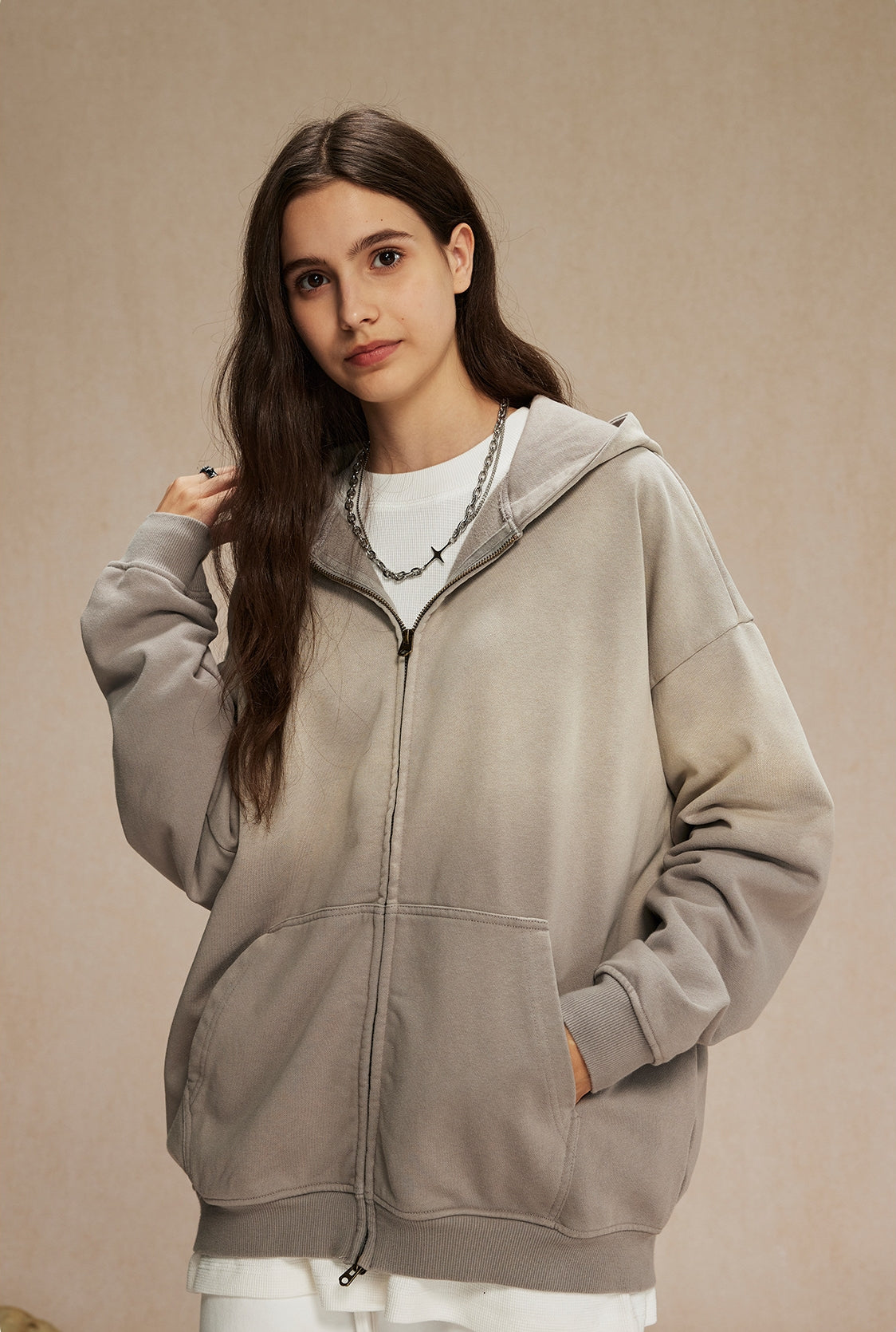 Spray-Dye Washed Oversize Zipper Hoodie WN10009