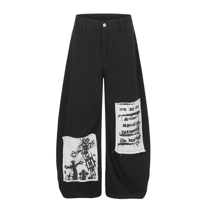 Applique Letter Print Wide Leg Denim Jeans WN25464