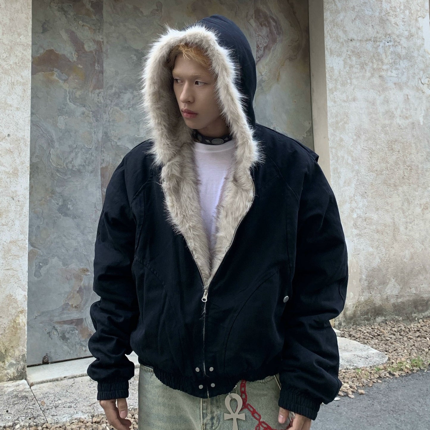 Hooded Fake Fur Canvas Padded Jacket WN22231