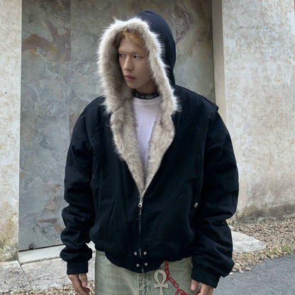 Hooded Fake Fur Canvas Padded Jacket WN22231