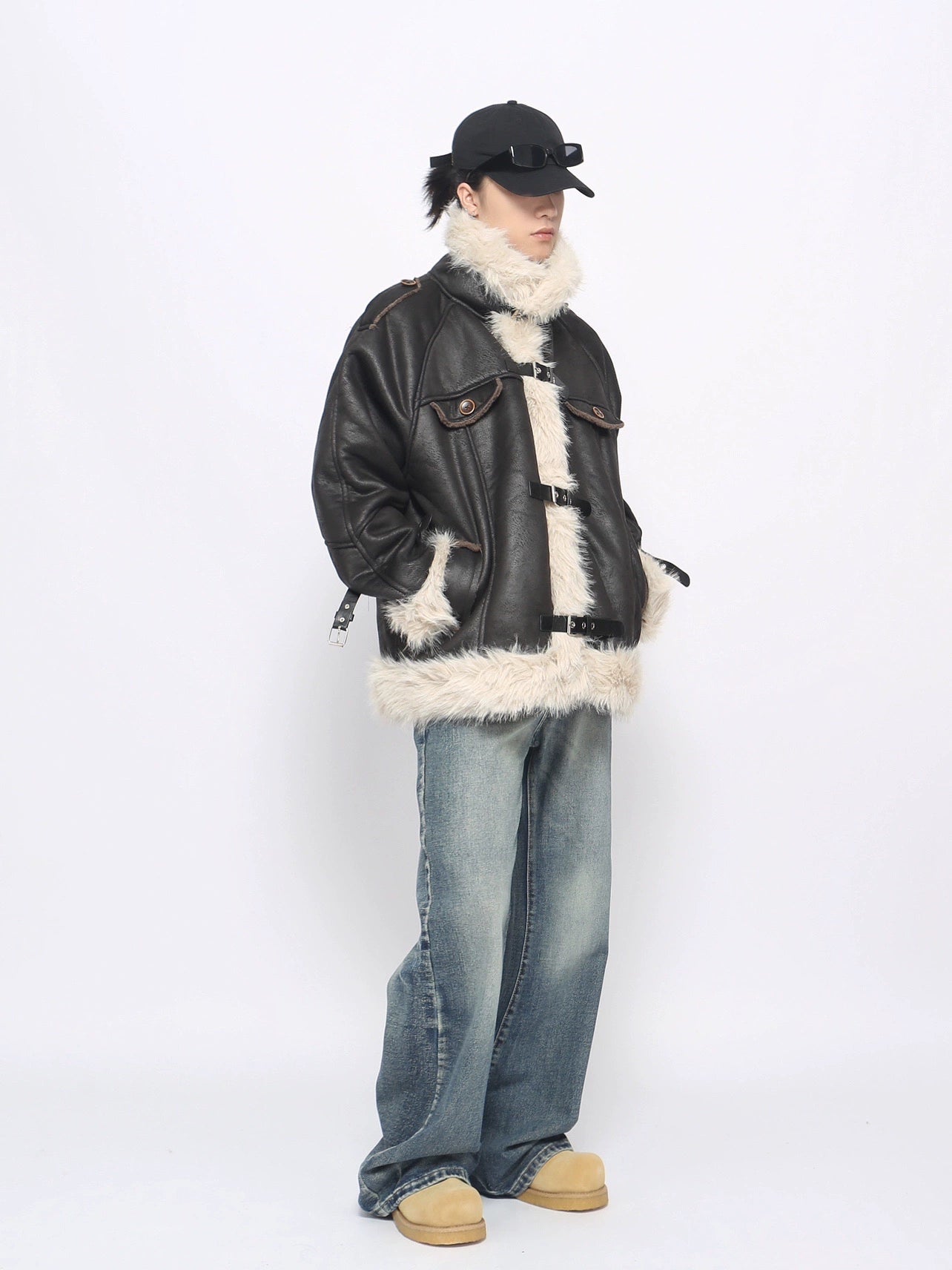 Fake Fur Neck PU Leather Quilting Jacket WN10908