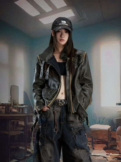 Deconstruction Washed Damage PU Leather Jacket WN21355