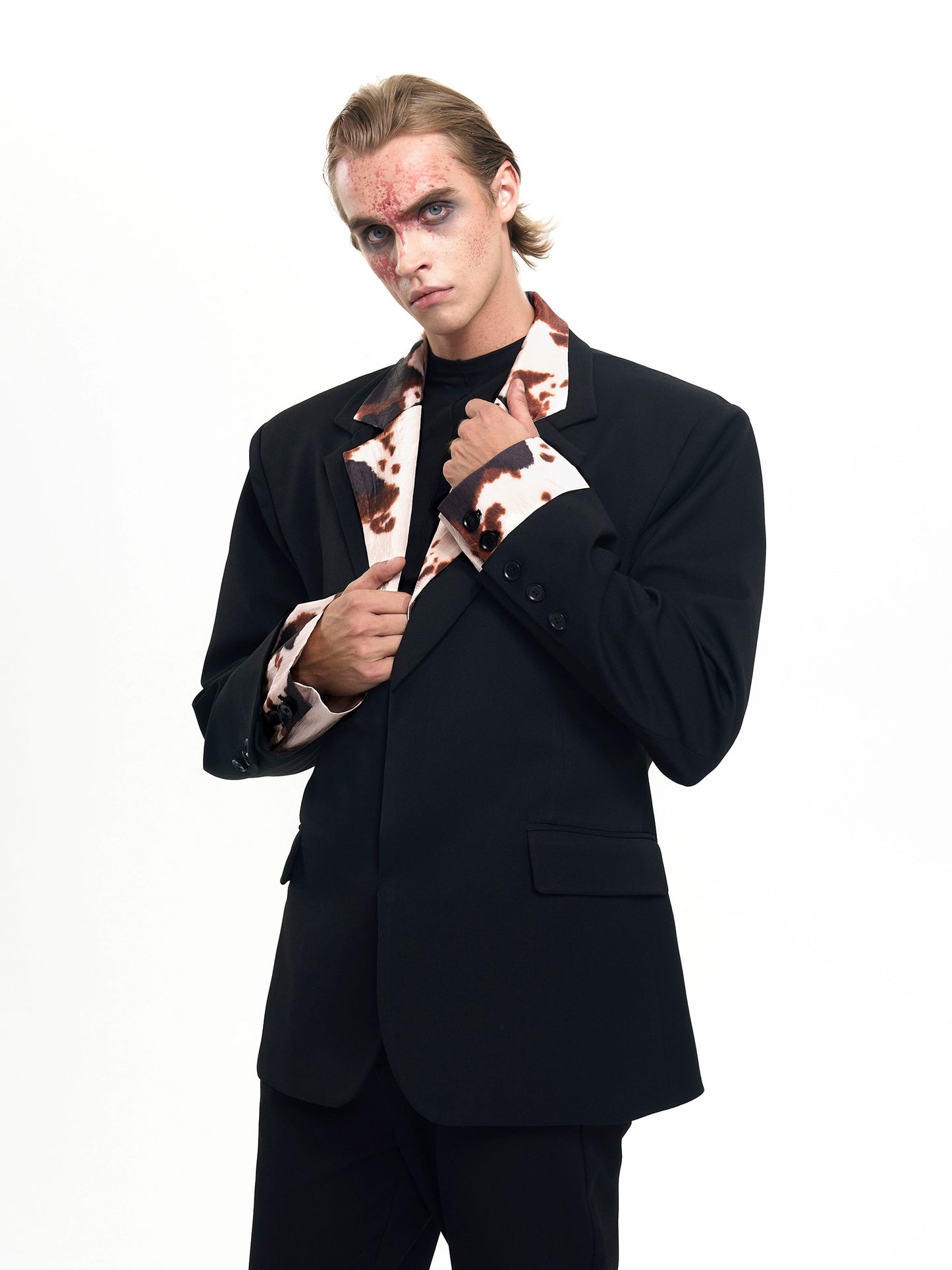 Cow Print Fake Layered Oversize Tailored Jacket & Flare Trousers Setup WN20389