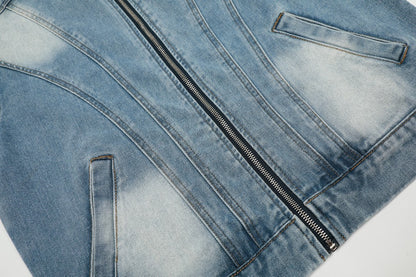 Faded Panel Stand Neck Denim Jacket WN28058