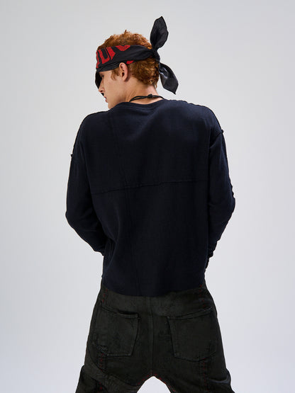 Irregular Panel Thorn Embroidery Long Sleeve T-Shirt WN27435