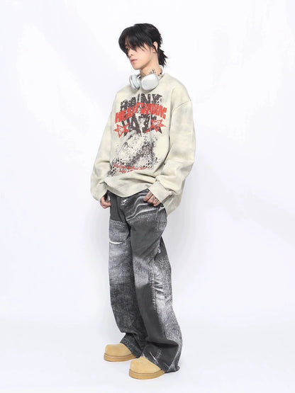 Graffiti Print Washed Round Neck Oversize Sweatshirt WN10896