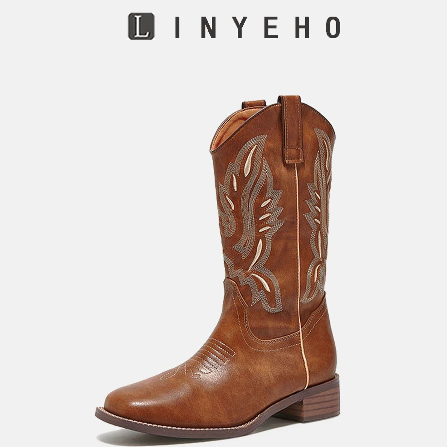 Embroidery Square-Toe Mid-Calf Boots WN20608