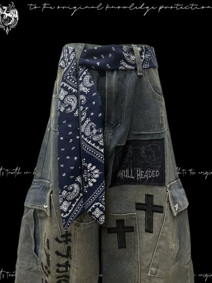 Letter Print Patchwork Cargo Wide Leg Denim Jeans & Belt & Chain & Scarf WN20123