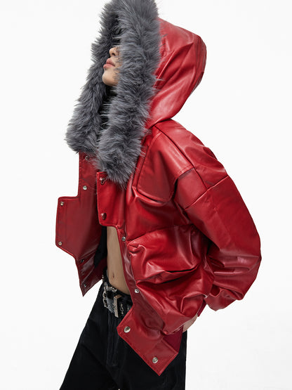 Fake Fur Hooded Short PU Leather Jacket WN27252
