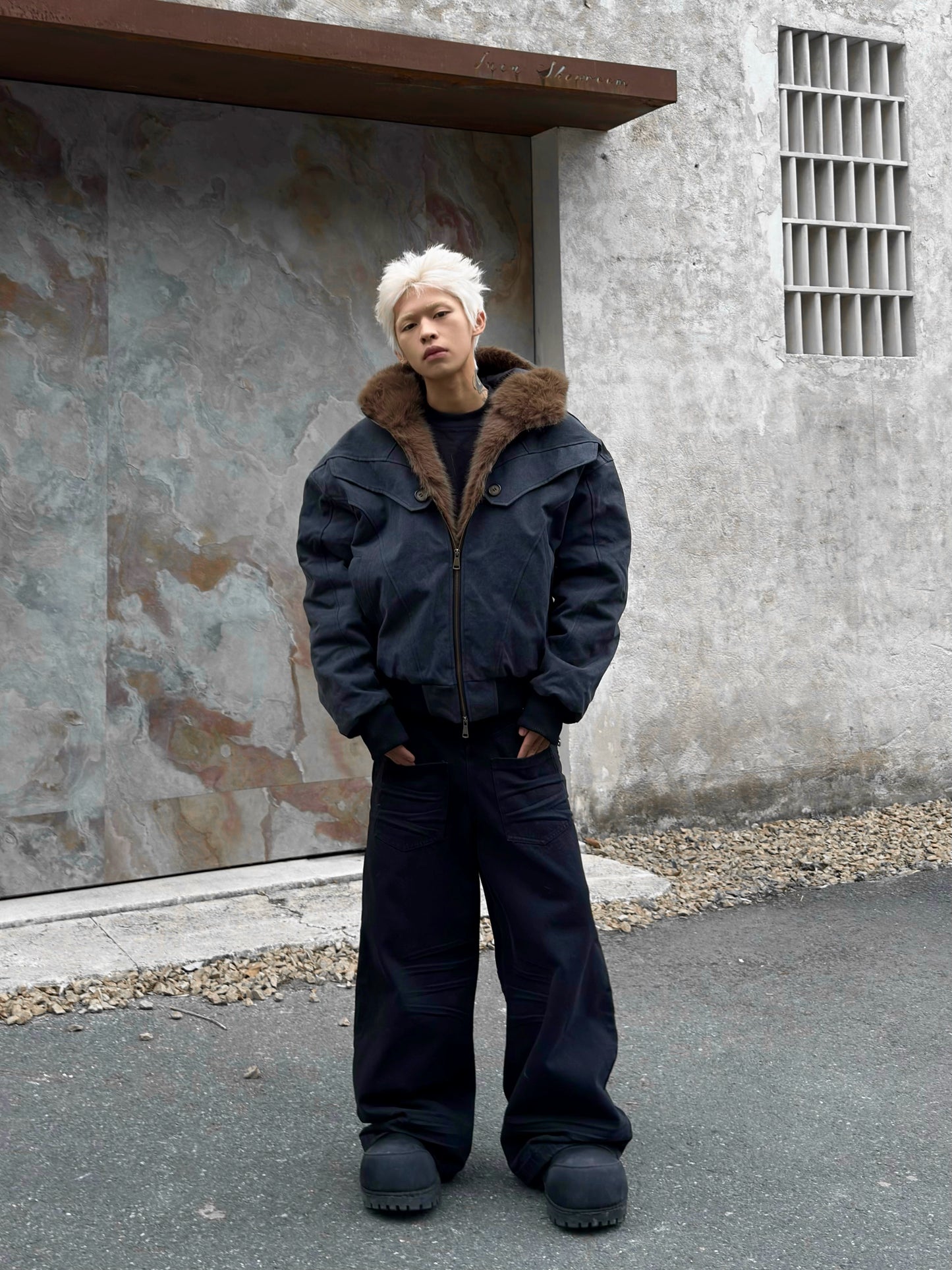 Armored Structured Hooded FakeFur-Collar Short Jacket WN22211