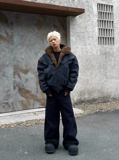 Armored Structured Hooded FakeFur-Collar Short Jacket WN22211