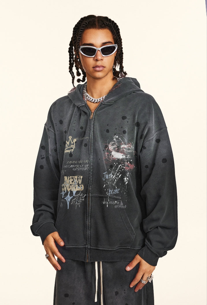 Graffiti Print Oversize Zipper Hoodie WN9936