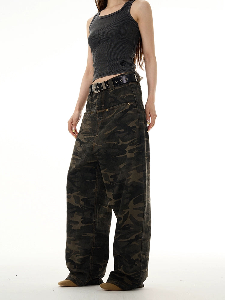 Camouflage Wide-Leg Straight Denim Jeans WN7680