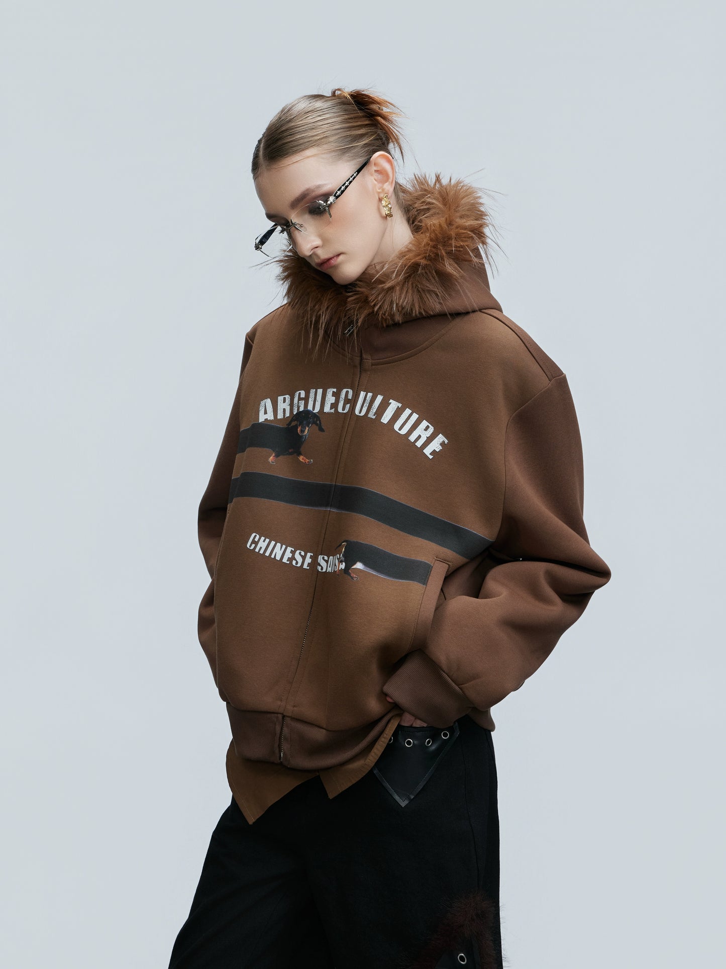 Fake Fur Collar Letter Print Zipper Hoodie WN21749