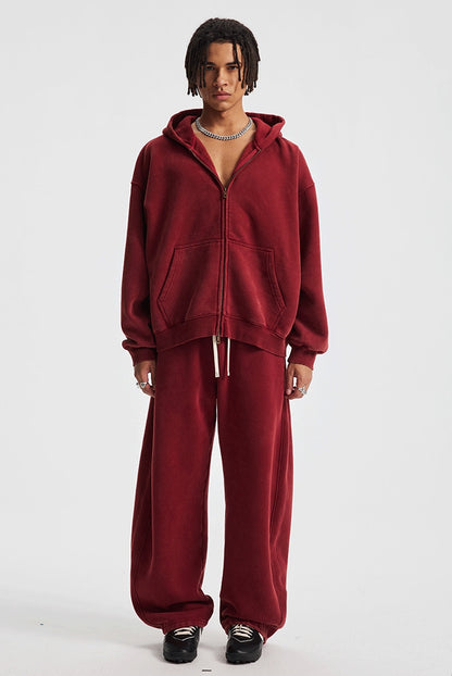 Fleece Lining Zip-Up Wax Dye Zipper Hoodie & Wide Leg Pants Sweatpants WN23112