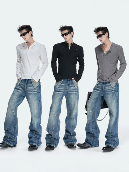 Henley Neck Rivet Stretch Long Sleeve T-Shirt WN27046