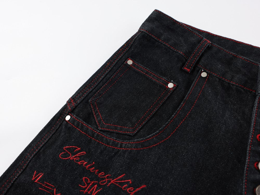 Dragon Embroidery Wide Leg Denim Jeans WN27934