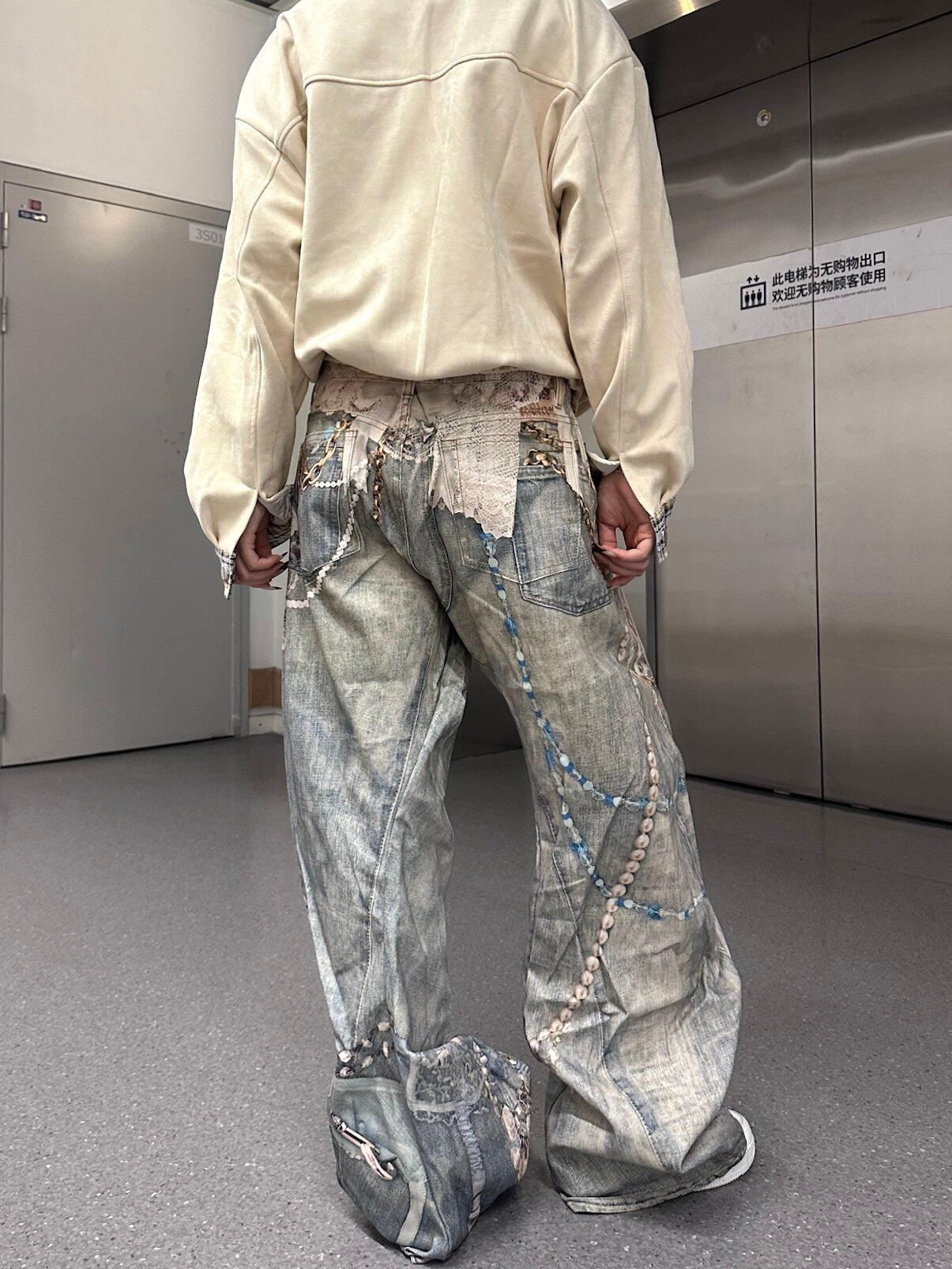Lace Pearl Chain Print Wide Leg Denim Jeans WN24117