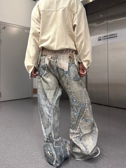 Lace Pearl Chain Print Wide Leg Denim Jeans WN24117