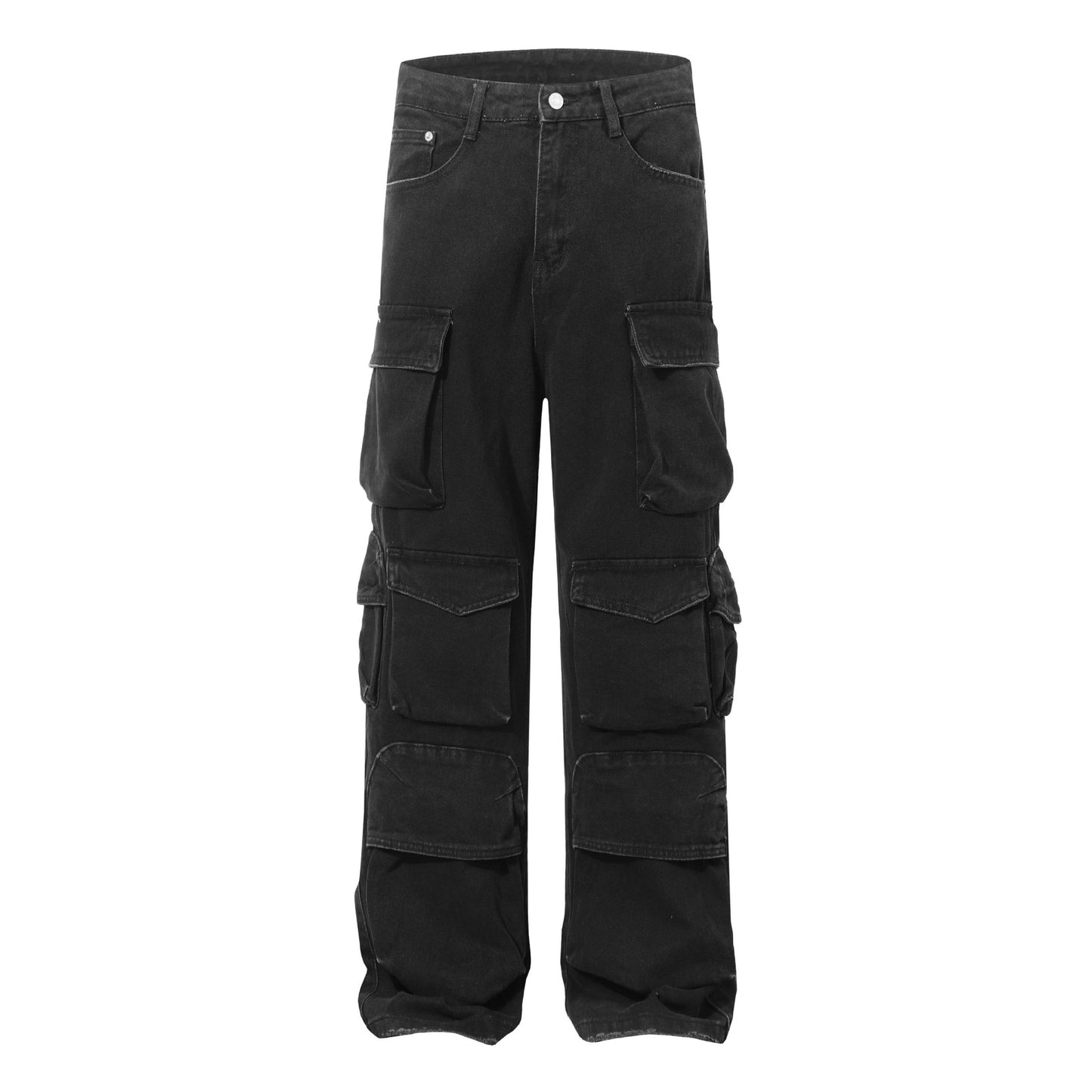 Washed Damage Multi-Pocket Straight Cargo Denim Jeans WN26078