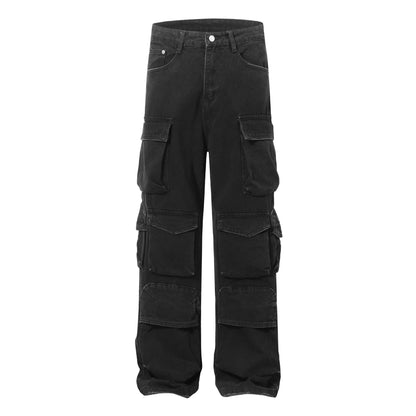 Washed Damage Multi-Pocket Straight Cargo Denim Jeans WN26078
