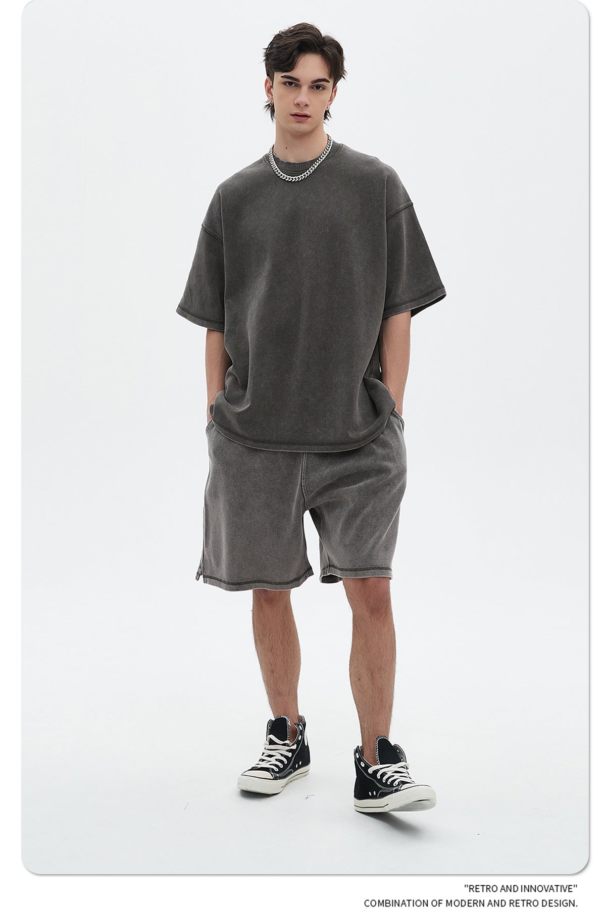 Oversize Washed Short-sleeve T-shirt & Washed Short Sweatpants Setup WN6612