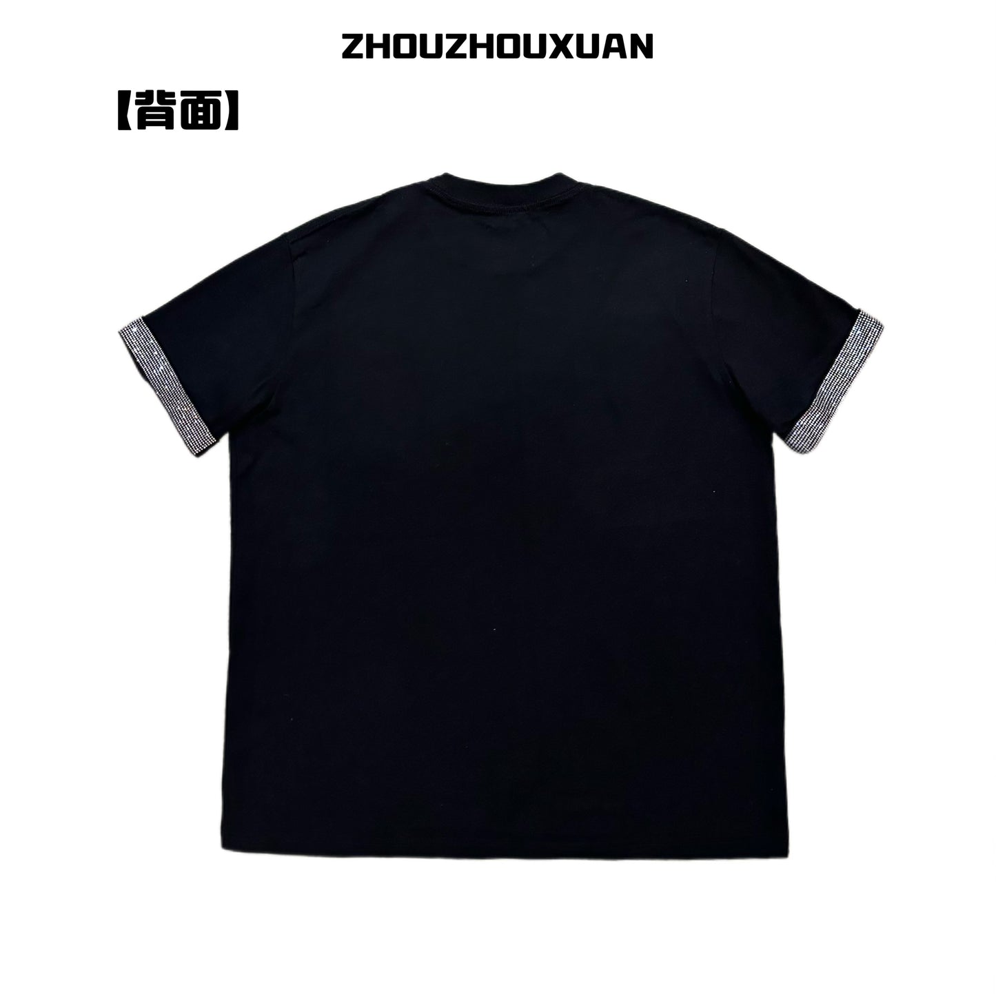 Color Black Rhinestone Pocket Short Sleeve T-Shirt WN20700