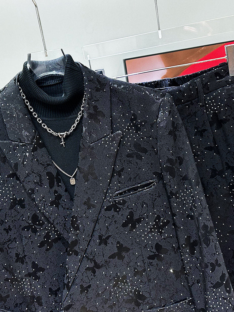 Rhinestone Star Butterfly Jacquard Tailored Jacket & Trousers Setup WN23905