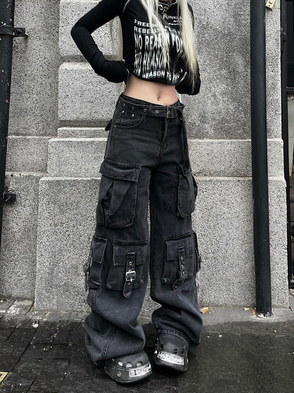 Multi-Pocket Washed Wide Leg Cargo Denim Jeans WN24220