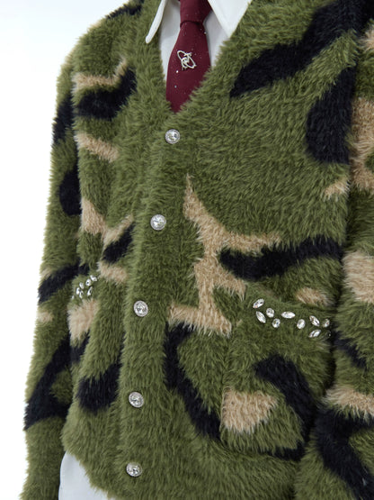 Rhinestone Button Shaggy Camouflage Knit Cardigan WN10878