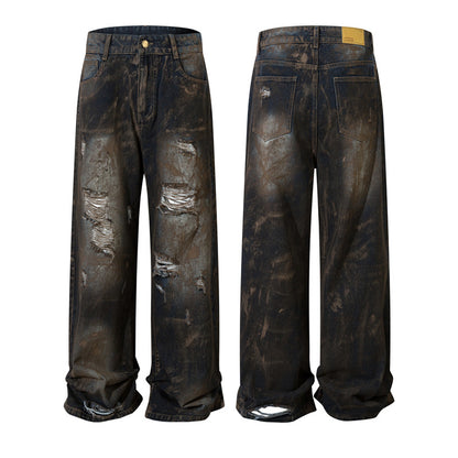 Heavyweight Washed Graffiti Hand-Paint Damage Wide-Leg Denim Jeans WN11386