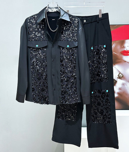 Sequin Patchwork Oversize Long Sleeve Shirt & Wide Leg Pants Setup WN23931