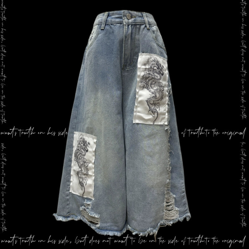 Patchwork Design Wide Leg Denim Half Jeans & Belt & Chain WN20112