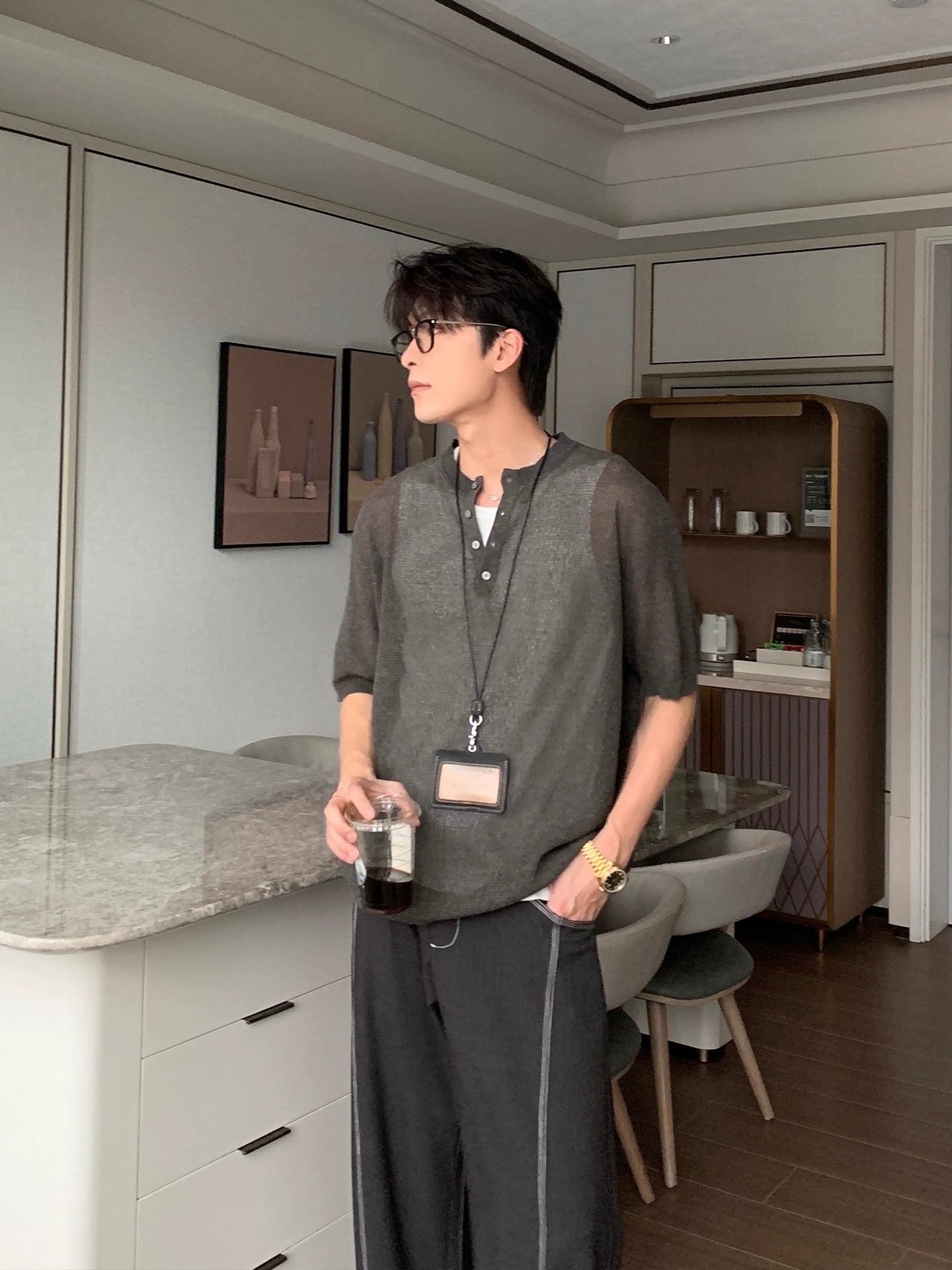 Cooling Linen Knit Henry Neck Short Sleeve T-Shirt WN20468