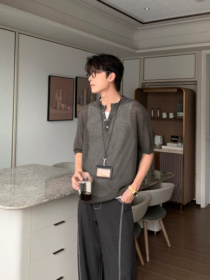 Cooling Linen Knit Henry Neck Short Sleeve T-Shirt WN20468