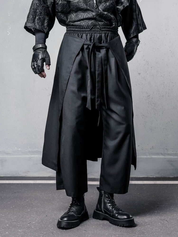 Fake Layered Ribbon Strap Cropped Wide Leg Pants WN22495